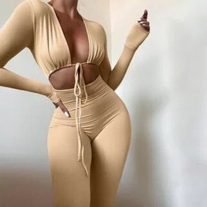 Jumpsuits Bandage Tie Sexy Hollow Out Long Sleeve Bodycon - Renee Lane Company