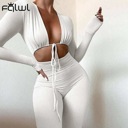 Jumpsuits Bandage Tie Sexy Hollow Out Long Sleeve Bodycon - Renee Lane Company