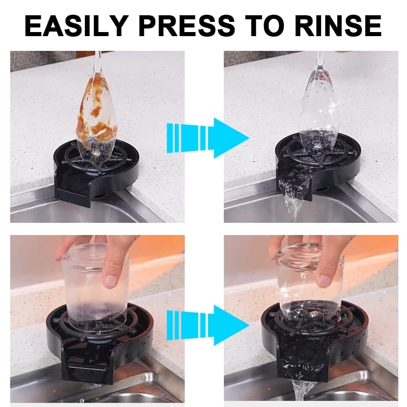 Automatic cup washer rinsing a cup by pressing the glass downward