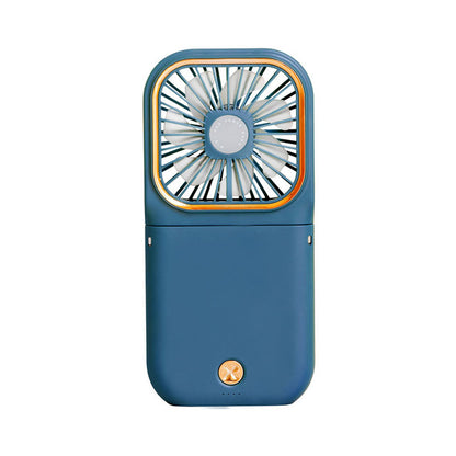 Mini cooling foldable fan in blue with square grille and orange-trim detail