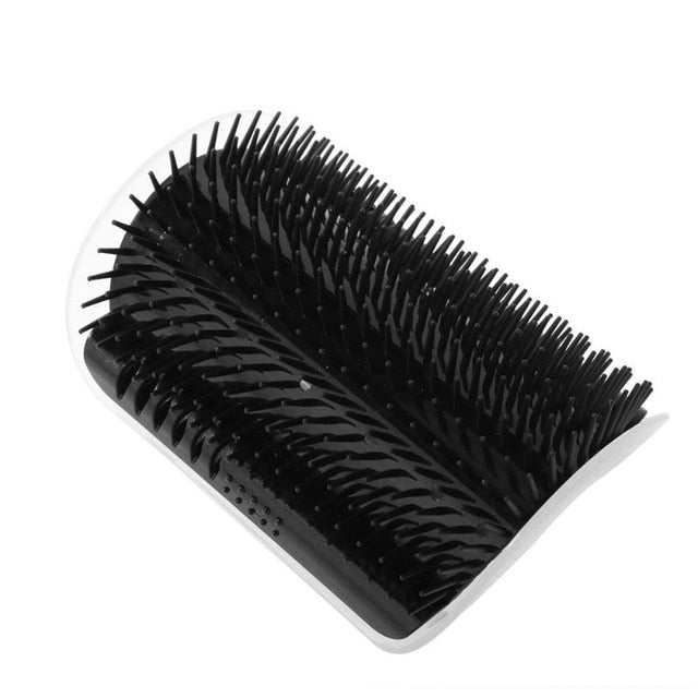 Cat self-groomer corner brush with black bristles and white base