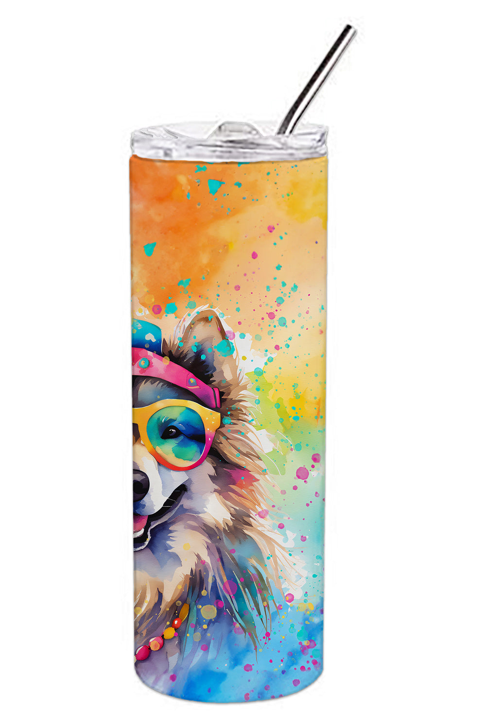 Keeshond Hippie Dawg Stainless Steel Skinny Tumbler Vacuum Double Walled Reusable Insulated Tumbler Travel Cup for Coffee Cocktails Gift with Lid, 20 oz - Renee Lane Company