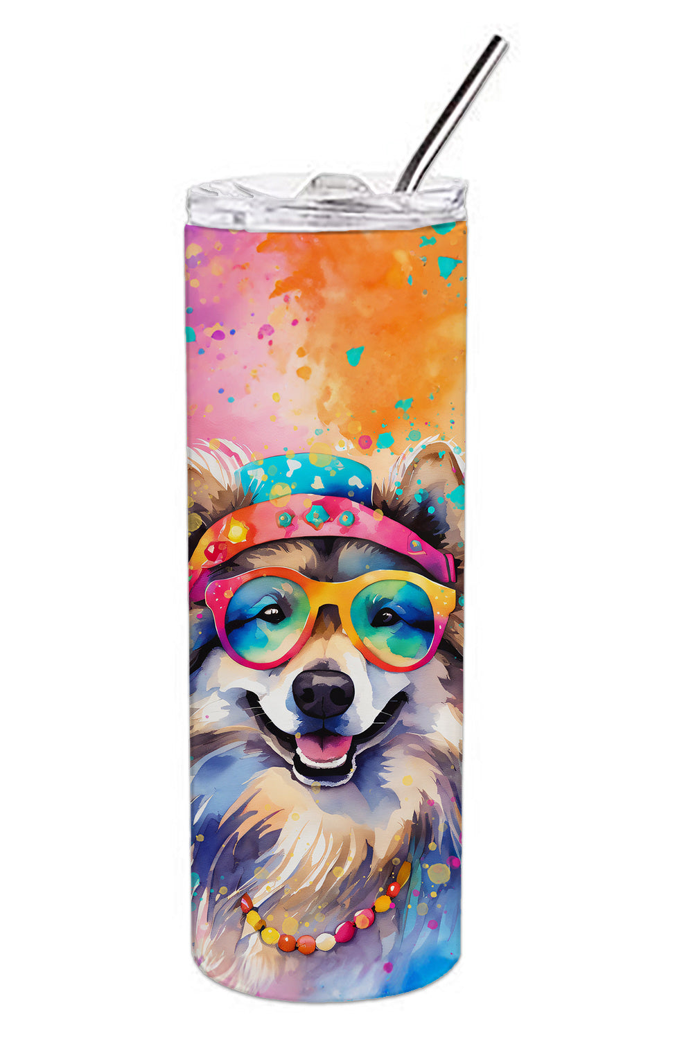 Keeshond Hippie Dawg Stainless Steel Skinny Tumbler Vacuum Double Walled Reusable Insulated Tumbler Travel Cup for Coffee Cocktails Gift with Lid, 20 oz - Renee Lane Company