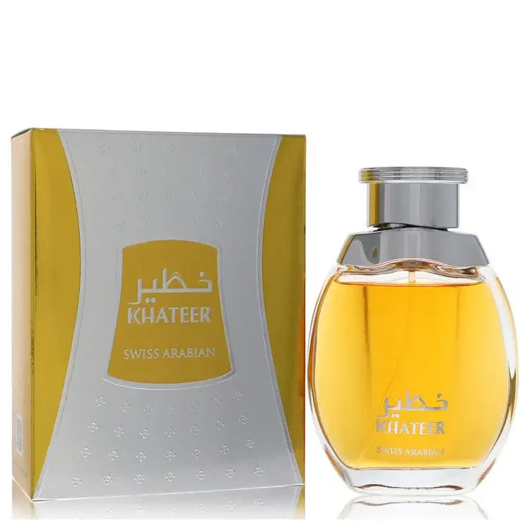 Khateer men's cologne bottle and rectangular box, gold liquid in clear glass, metal cap