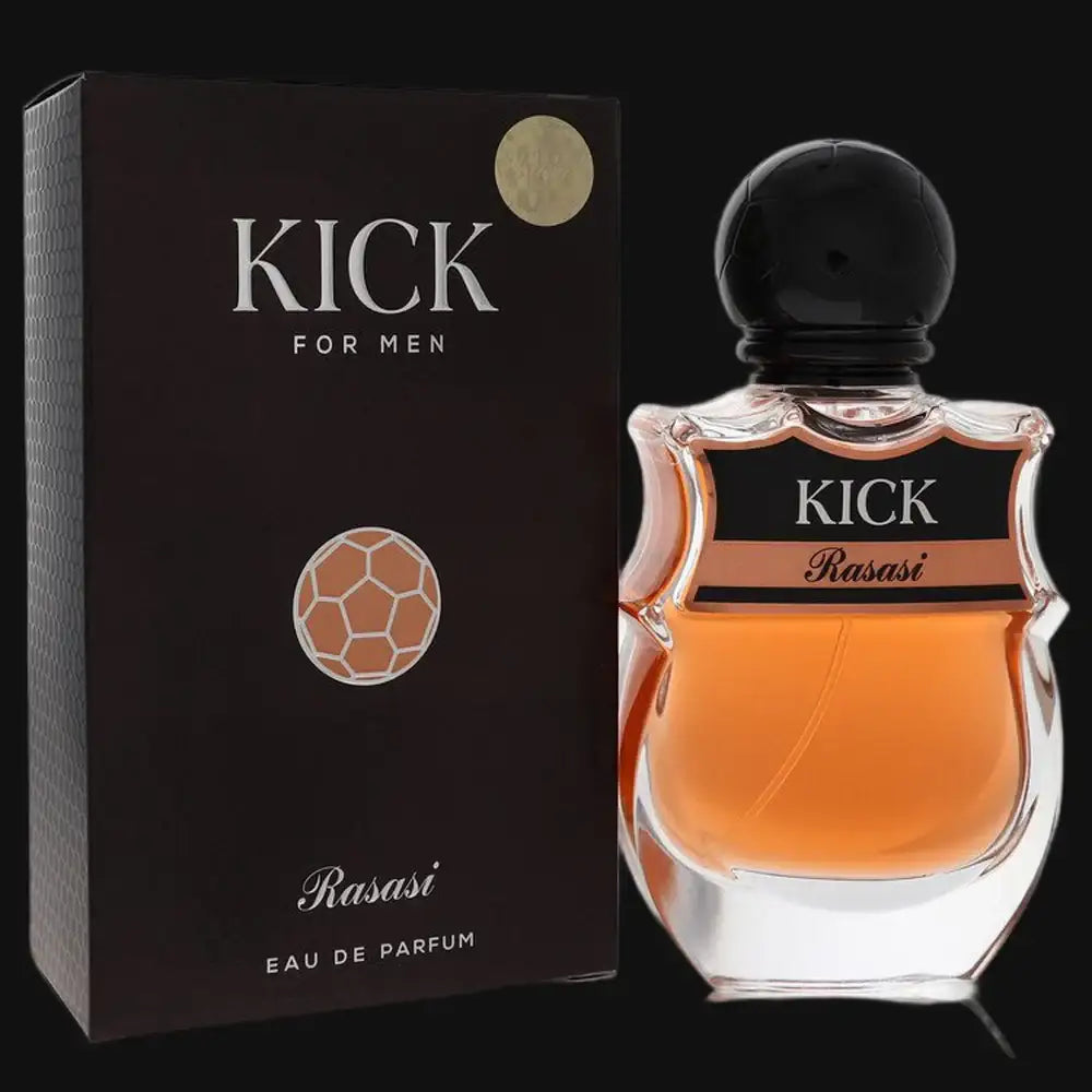 Rasasi Kick men's eau de parfum bottle with box, orange liquid, black cap