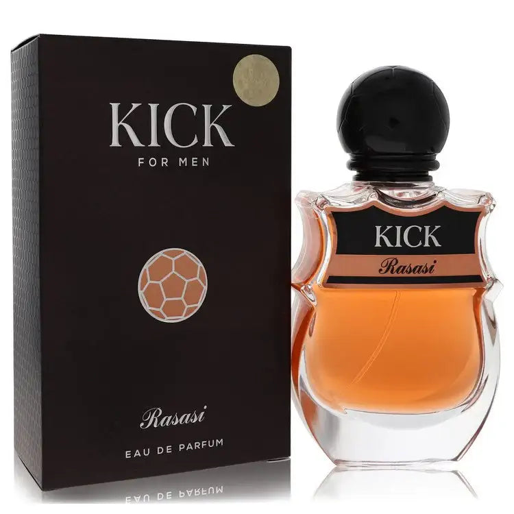 Rasasi Kick men's eau de parfum bottle with box, orange concentrate, black stopper