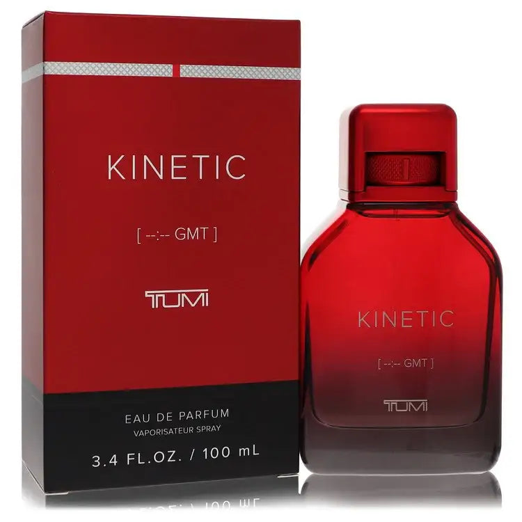 Men's eau de parfum bottle with red product box and dark base, Kinetic by Tumi