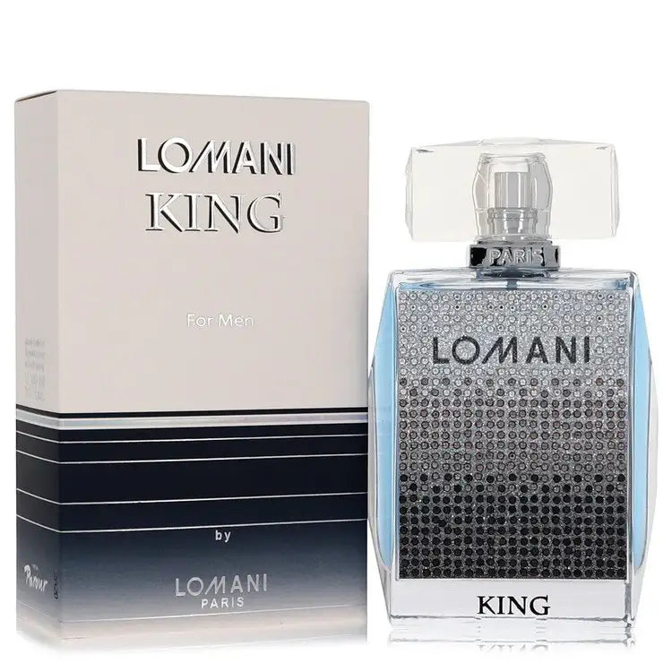 Lomani King men’s cologne bottle with square clear glass and textured label, boxed