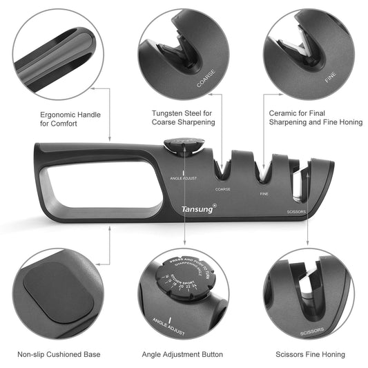 Knife Sharpener  3 Stage Kitchen Chef Knife and Scissor Sharpeners Restore Knives or Shears Blades Quickly Safely with Adjustable Angle Button for Various Household Knives Shear Gray - Renee Lane Company