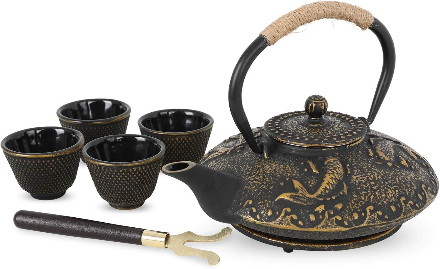 Koi Fish Cast Iron Teapot Set Stove Top Tea Kettle with 4 Cups Japanese Style Tea Gift Set, 26 oz with Stainless Steel Infuser - Renee Lane Company
