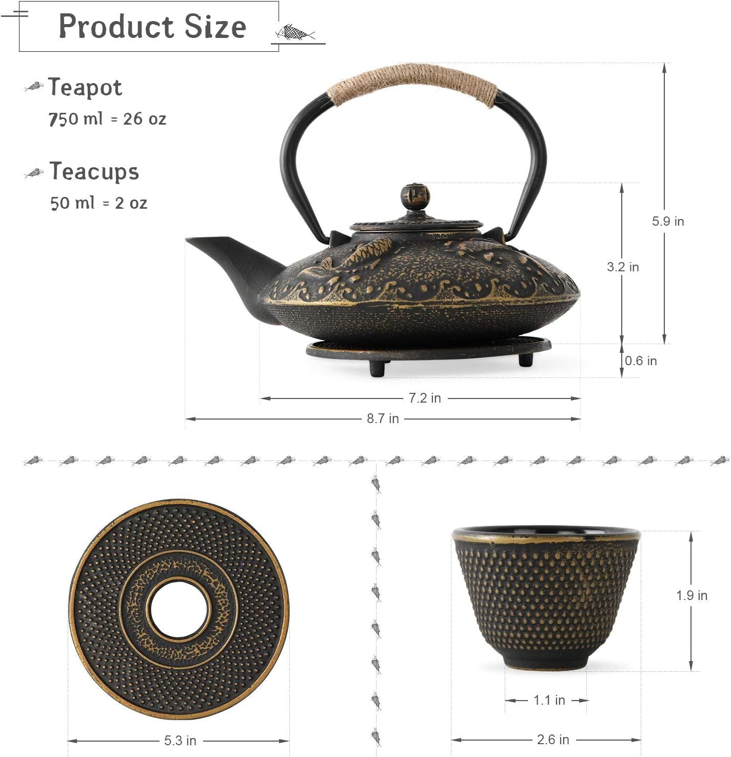 Koi Fish Cast Iron Teapot Set Stove Top Tea Kettle with 4 Cups Japanese Style Tea Gift Set, 26 oz with Stainless Steel Infuser - Renee Lane Company