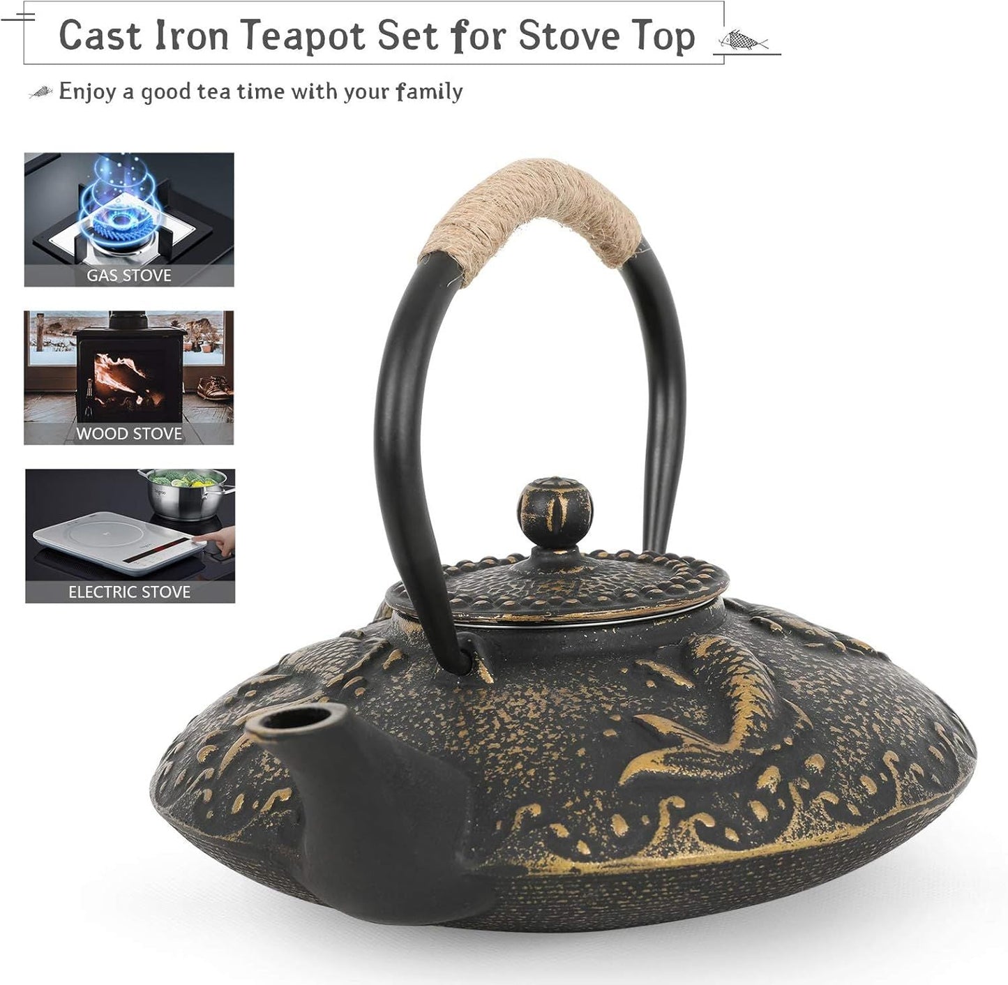 Koi Fish Cast Iron Teapot Set Stove Top Tea Kettle with 4 Cups Japanese Style Tea Gift Set, 26 oz with Stainless Steel Infuser - Renee Lane Company