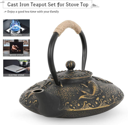 Koi Fish Cast Iron Teapot Set Stove Top Tea Kettle with 4 Cups Japanese Style Tea Gift Set, 26 oz with Stainless Steel Infuser - Renee Lane Company
