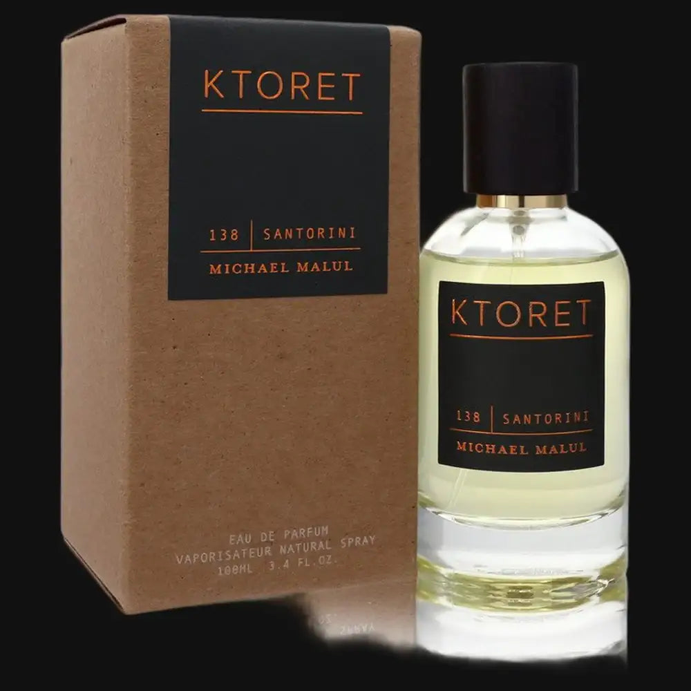 Ktoret Santorini cologne set: brown box and clear bottle with dark cap