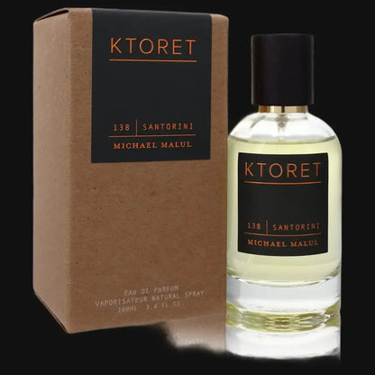 Ktoret Santorini cologne set: brown box and clear bottle with dark cap