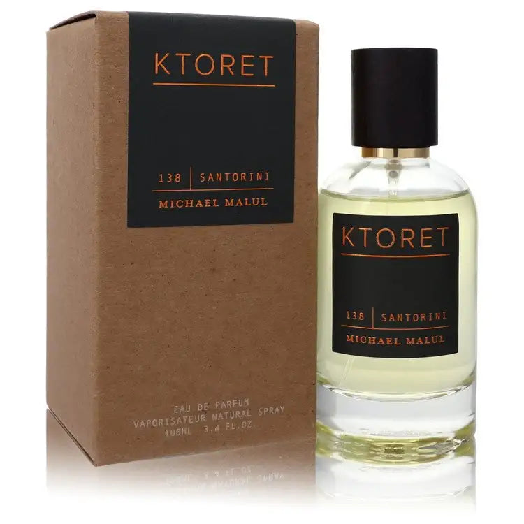 Ktoret Santorini eau de parfum spray: brown carton with labeled clear glass bottle