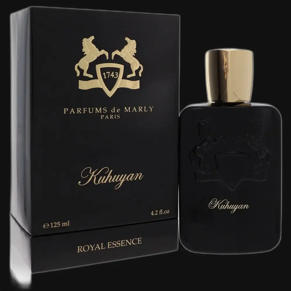 Unisex perfume bottle and box set, black glass with gold cap and emblem