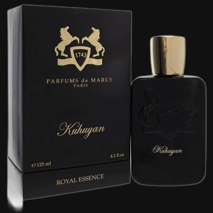 Unisex perfume bottle and box set, black glass with gold cap and emblem