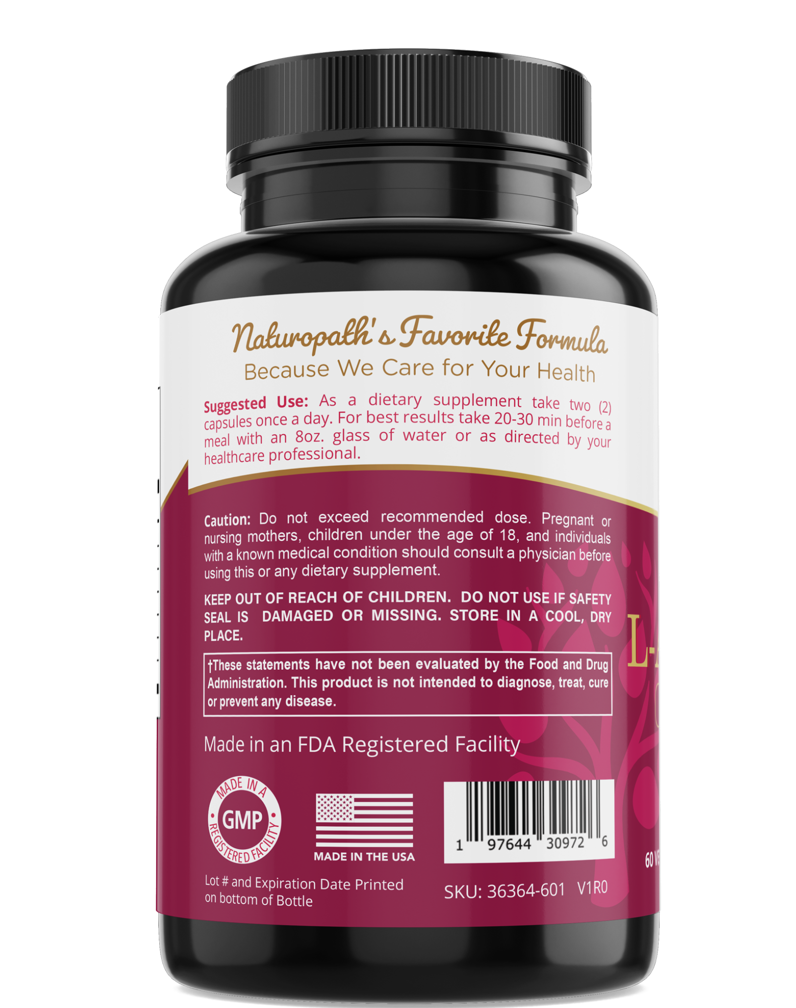 L-arginine dietary supplement bottle with side label and GMP badge