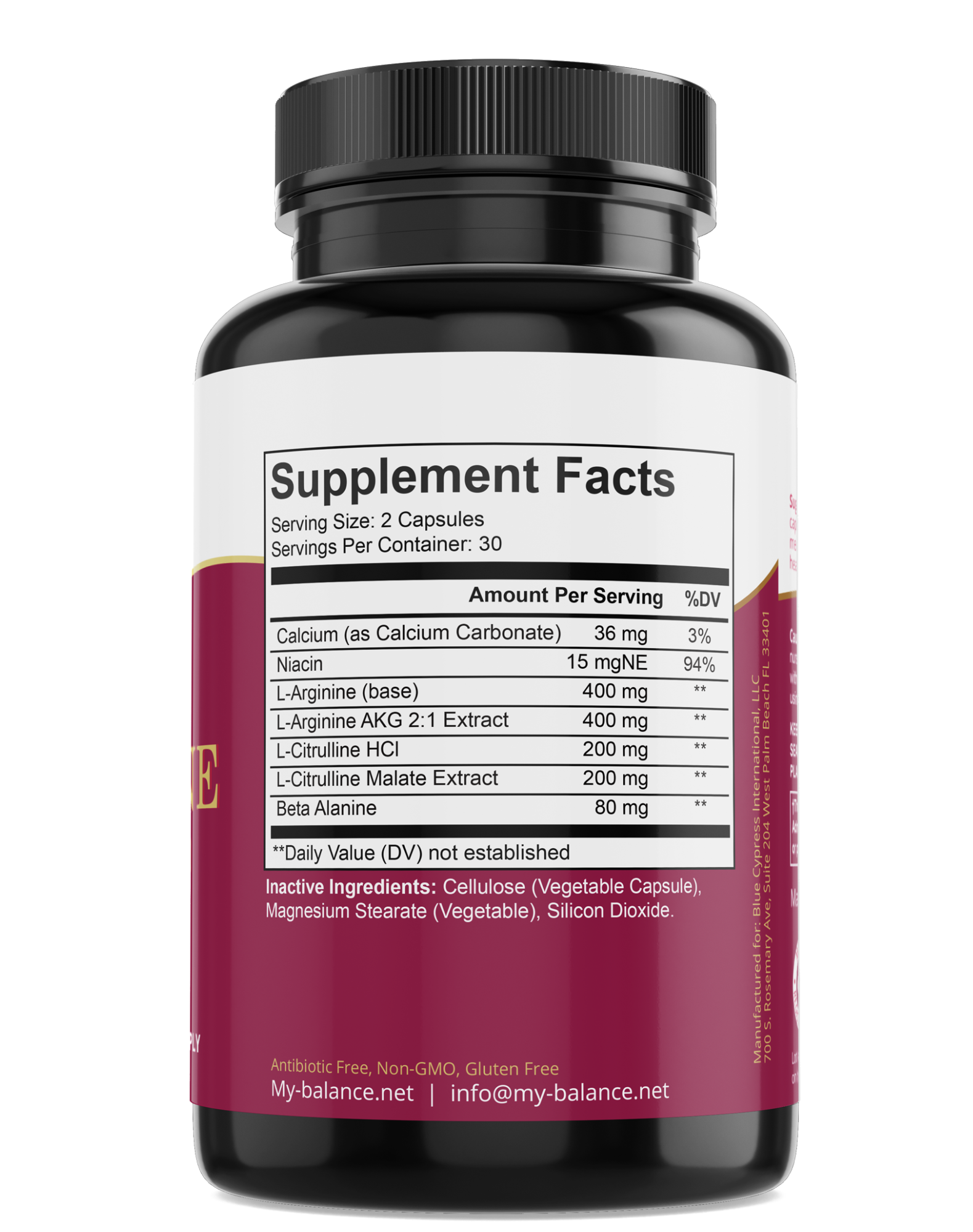 L-arginine dietary supplement bottle back label with Supplement Facts panel
