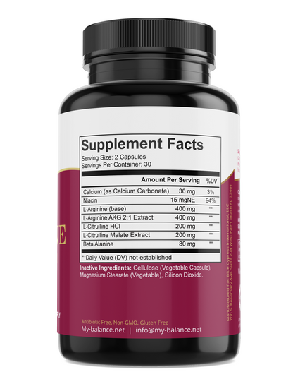 L-arginine dietary supplement bottle back label with Supplement Facts panel