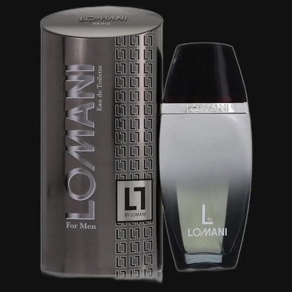 Men's L By Lomani cologne bottle with black cap and cylindrical gift box