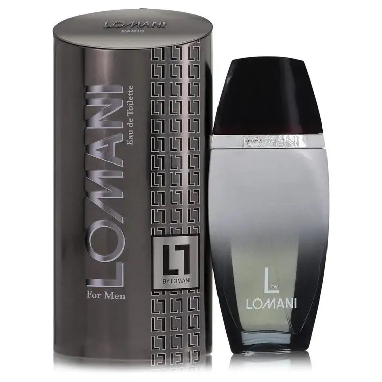 L By Lomani men's cologne glass bottle with black cap beside cylindrical box