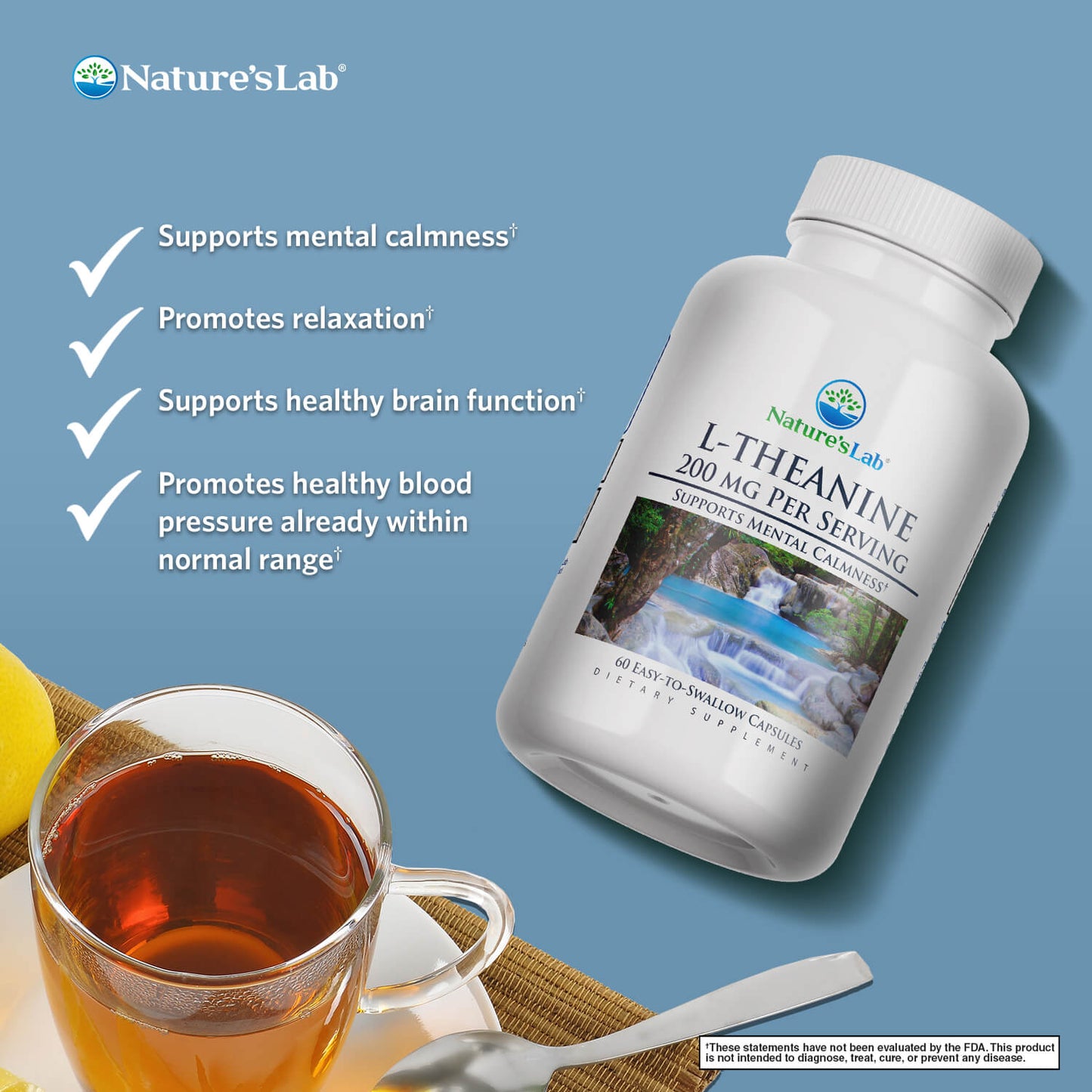 Nature'sLab L-Theanine 200 mg bottle with front label and ribbed white cap