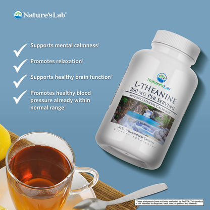 Nature'sLab L-Theanine 200 mg bottle with front label and ribbed white cap
