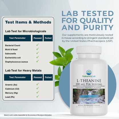 Nature'sLab L-Theanine 200 mg bottle with lab-tested quality and purity panel