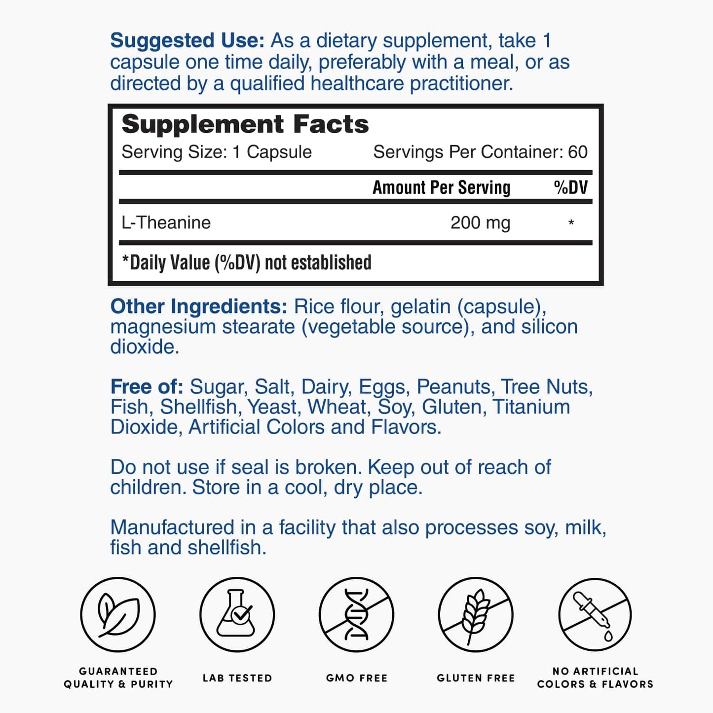 Nature'sLab L-Theanine 200 mg supplement facts panel with serving size and ingredients