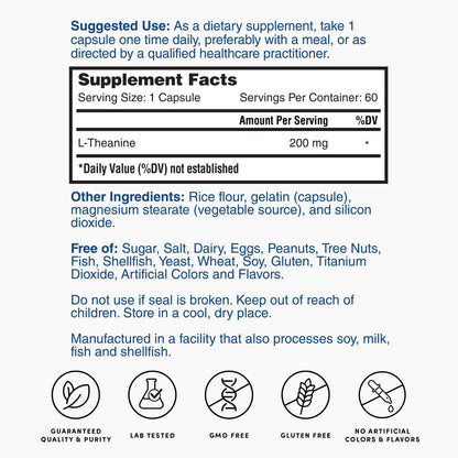 Nature'sLab L-Theanine 200 mg supplement facts panel with serving size and ingredients