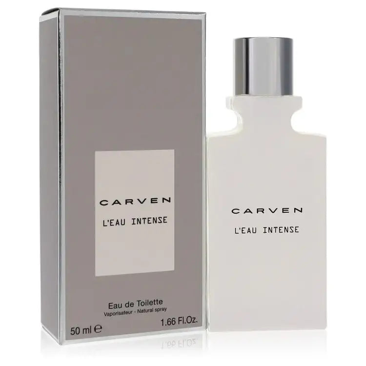 Men's Carven eau de toilette spray bottle with silver cap and standing carton