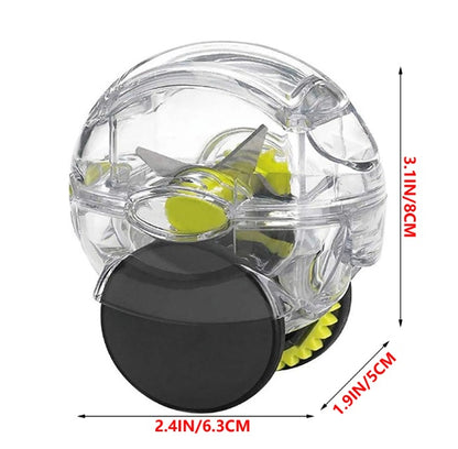 Compact rolling garlic chopper with clear shell, black base, and green toothed blades