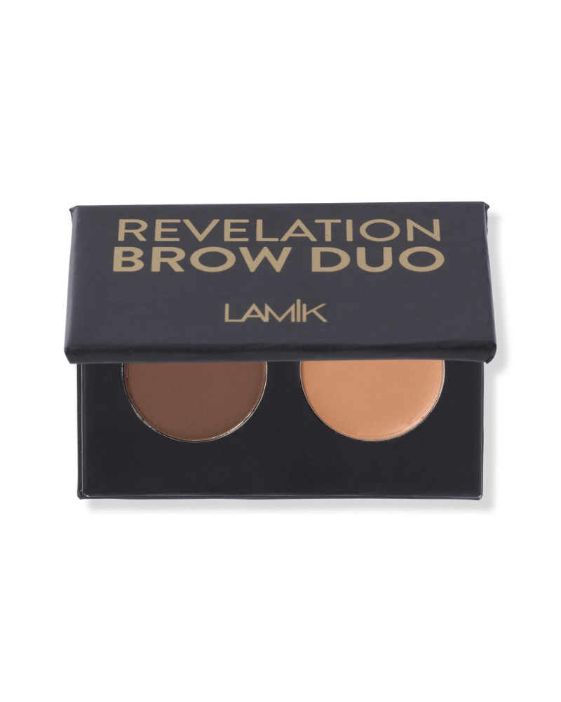 Revelation Brow Duo kit with two powder shades in a black LAMIK box