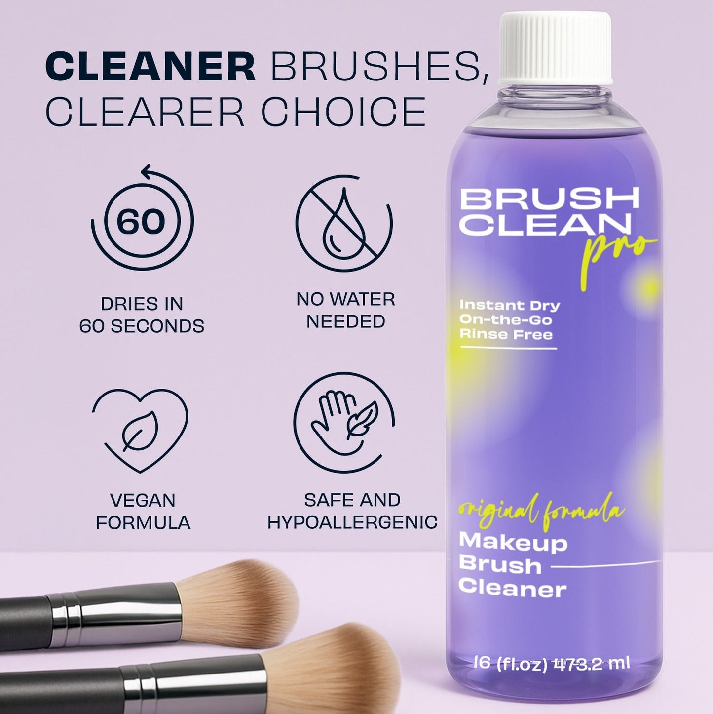 Lavender makeup brush cleaner bottle with white screw cap and label features