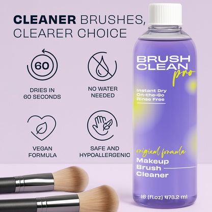 Lavender makeup brush cleaner bottle with white screw cap and label features