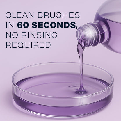 Lavender makeup brush cleaner in a shallow dish, with bottle pouring liquid