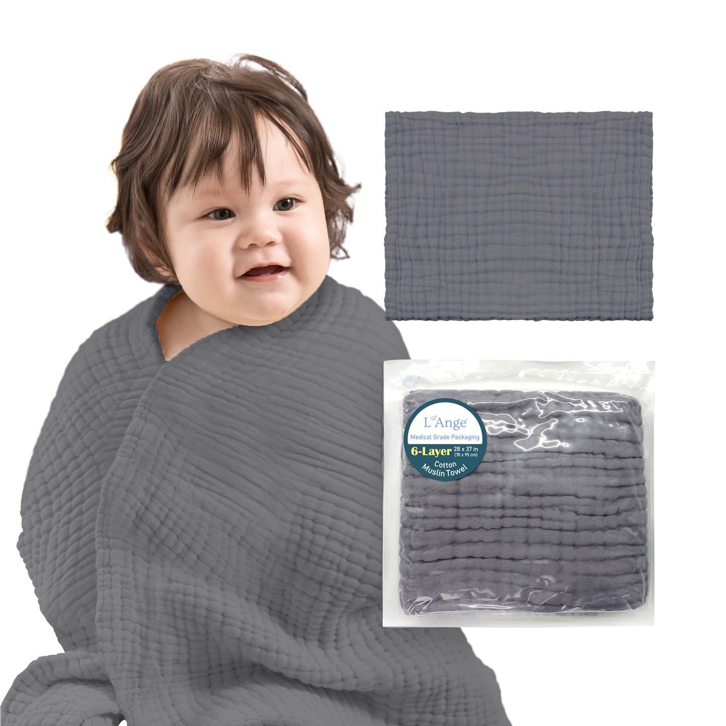 LAnge Baby Towel - 100% Cotton Muslin 6 Layers Quick Dry Medical Grade Packaging for Infants and Newborns - 28 x 37in - Dove Gray - Renee Lane Company