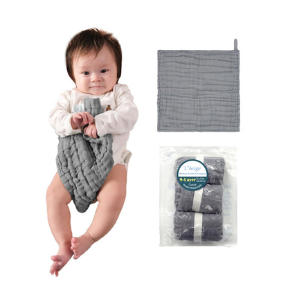 LAnge Baby Washcloths and Burp Cloths Set - 3 Pack of 9 Layer 100% Cotton Muslin for Sensitive Skin - Super Absorbent - Medical Grade Packaging for Infants Newborns and Toddlers- 9x9 - Dove Gray - Renee Lane Company