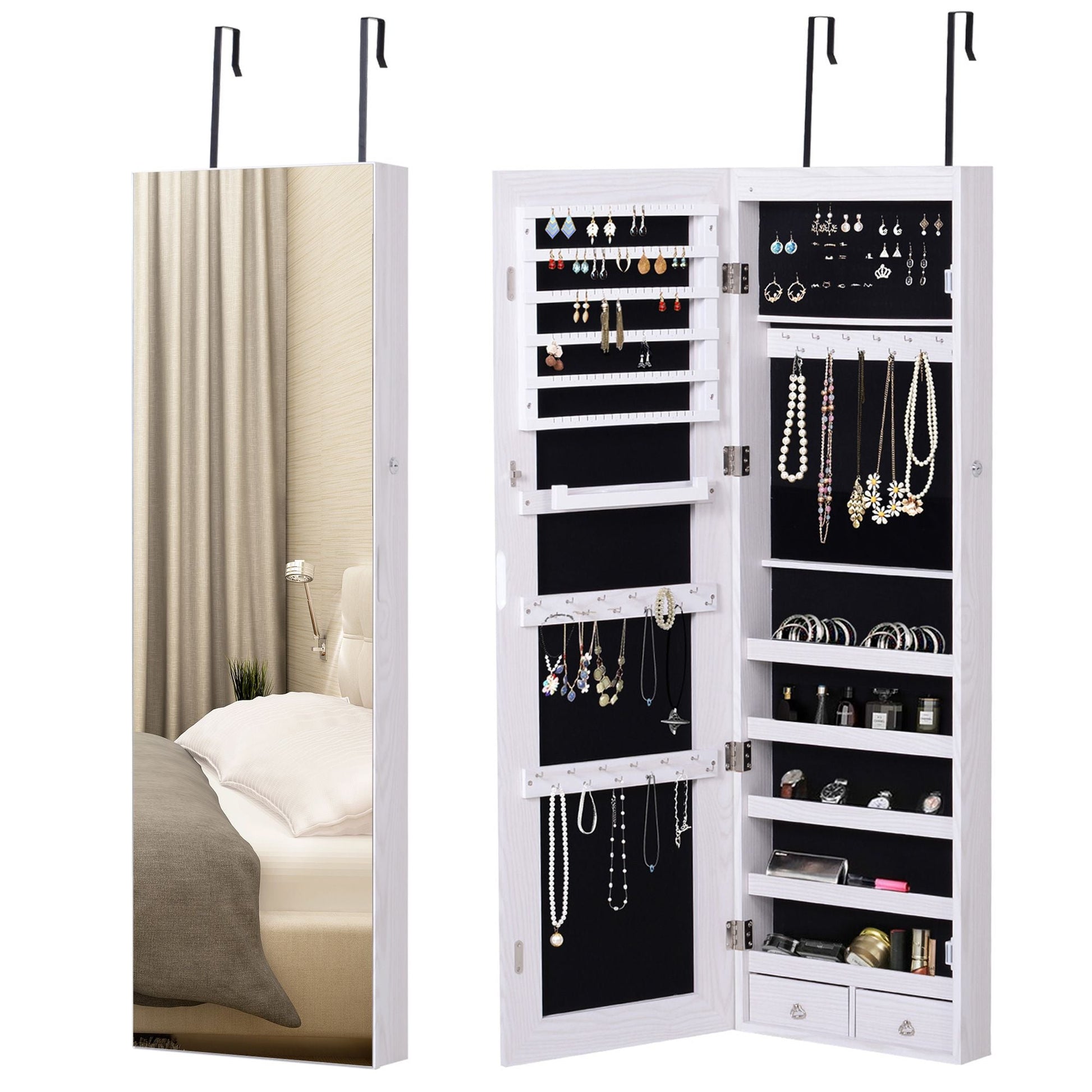 LED Lighted Mirror Jewelry Cabinet Wall Door Mounted Storage Organizer Armoire Wood Grain Gray - Renee Lane Company