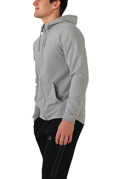 Heather grey zip-up hooded slim-fit sweatshirt, side profile with front pocket