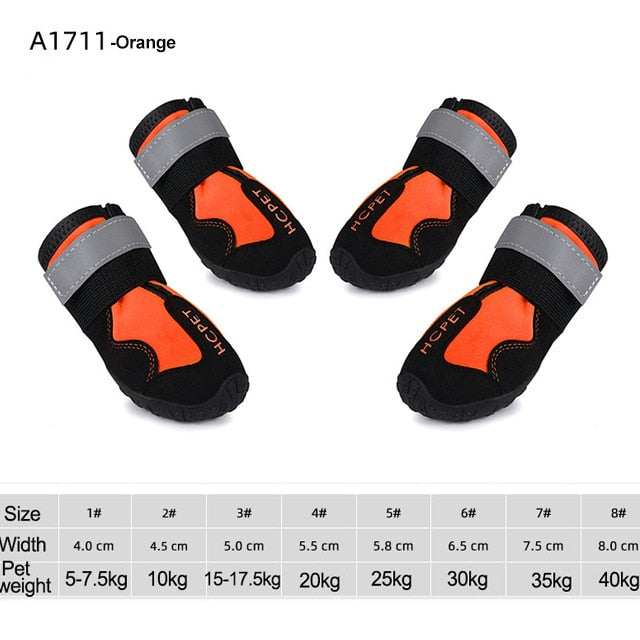 Orange reflective dog boots with gray top band and black straps, set of three boots.