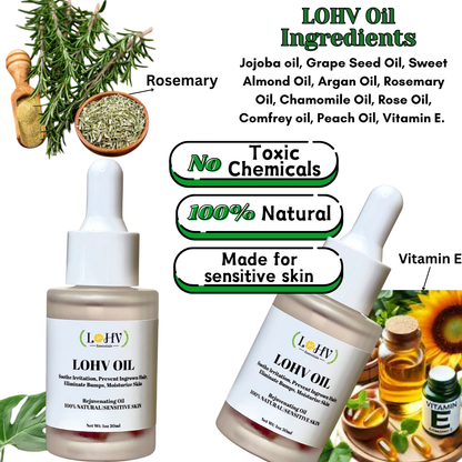 LOHV Multi-Purpose PREMIUM Rose Oil For Sensitive Skin. Clear Up Bumps, Ingrown Hairs On Face and Bikini Line, Soothes Irritation with Rosemary Oil + Vitamin E Oil + Grape Seed Oil + Sweet Almond Oil - Renee Lane Company