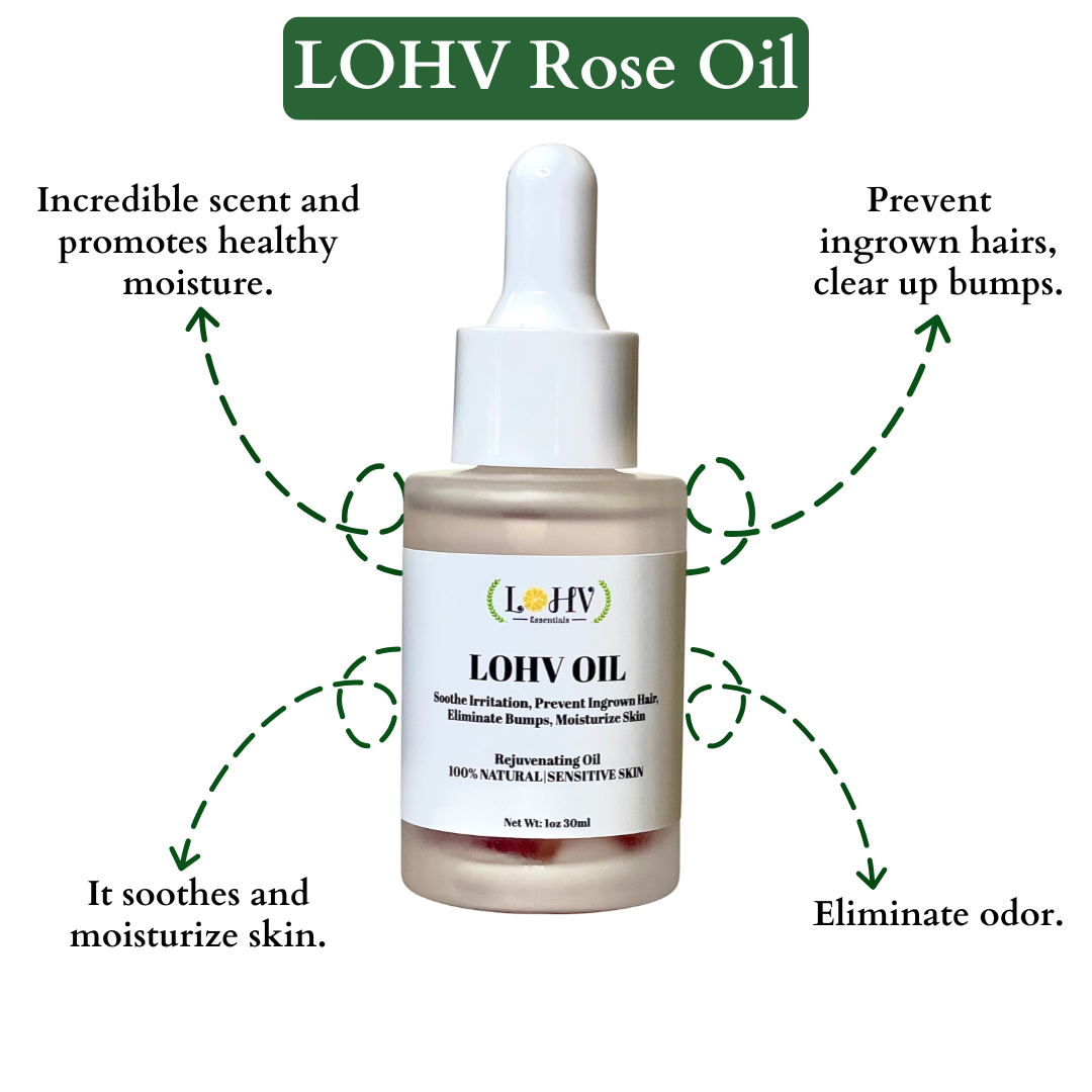 LOHV Multi-Purpose PREMIUM Rose Oil For Sensitive Skin. Clear Up Bumps, Ingrown Hairs On Face and Bikini Line, Soothes Irritation with Rosemary Oil + Vitamin E Oil + Grape Seed Oil + Sweet Almond Oil - Renee Lane Company