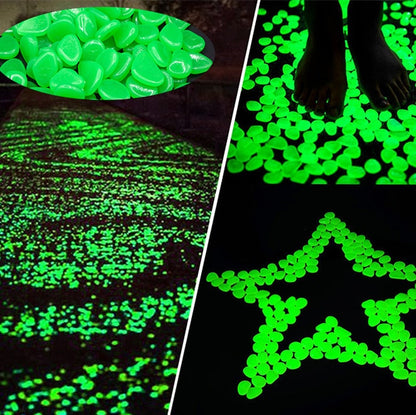 Glow-in-the-dark garden pebbles, vivid green glow across pebbled path