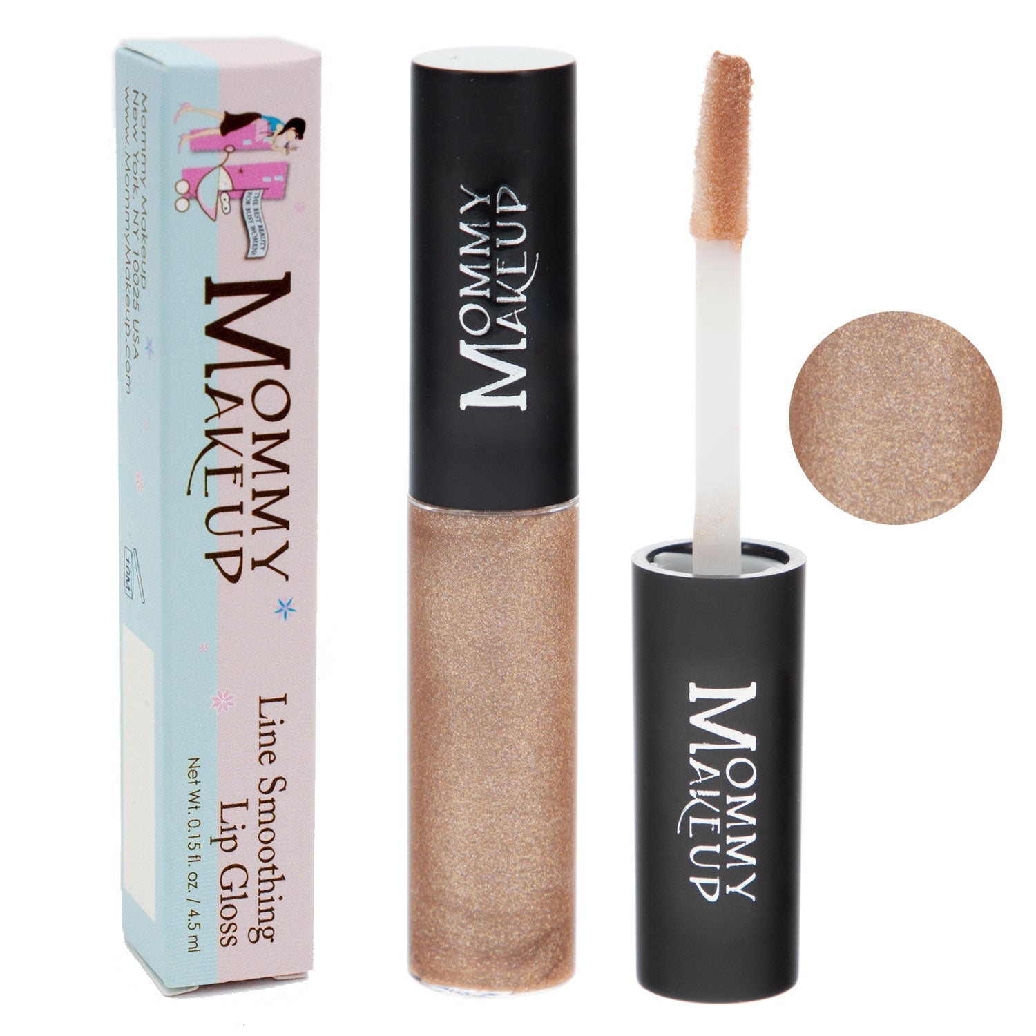 Shimmer lip gloss tube with foam applicator and matching shade swatch beside box.