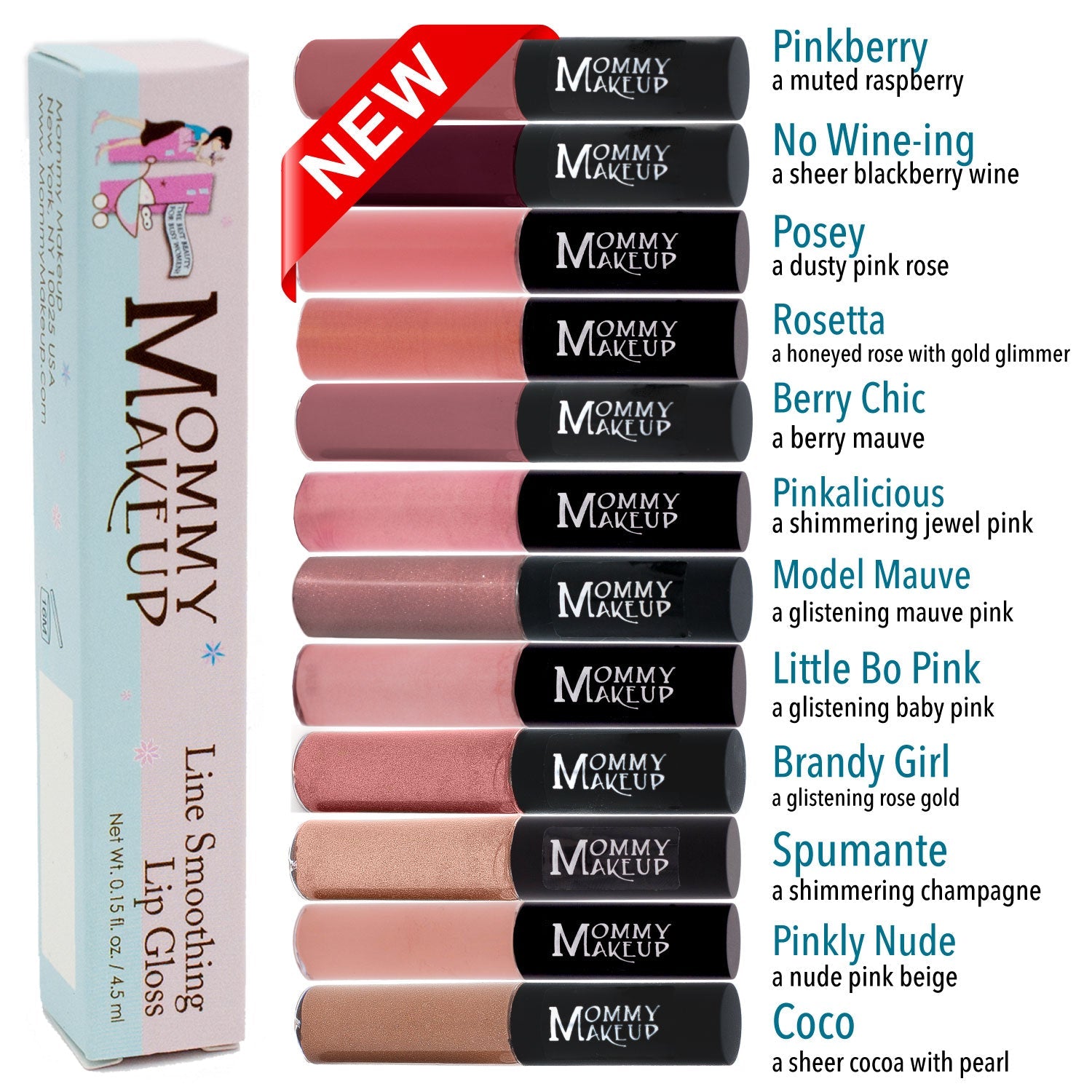 Mommy Makeup lip color tube assortment in a boxed display with multiple shades.