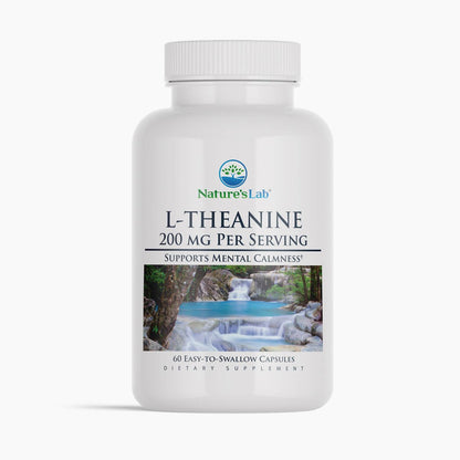 Nature'sLab L-Theanine 200 mg supplement bottle with 60 easy-swallow capsules label