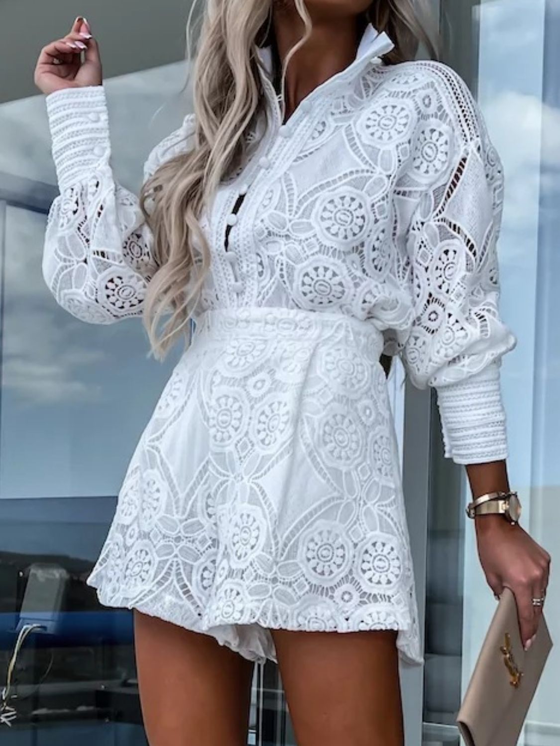 Lace Button Detail Long Sleeve Top and Shorts Set - Renee Lane Company